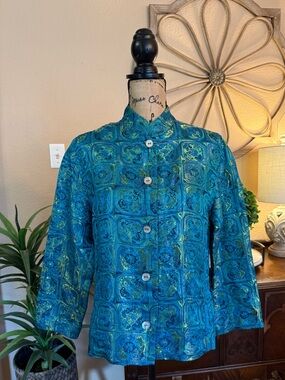 Chico's Silk Blend Teal Brocade Mandarin Collar Jacket